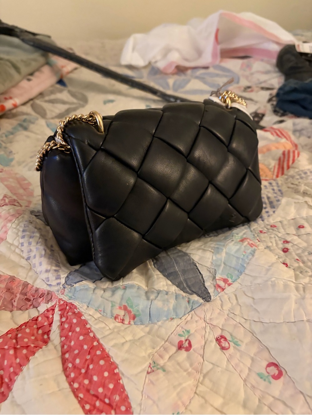 Black Quilted Mini Shoulder Bag with Gold Chain